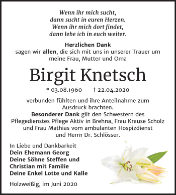 Traueranzeige von Birgit Knetsch von Mitteldeutsche Zeitung Bitterfeld