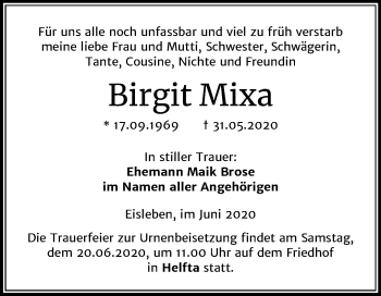 Traueranzeige von Birgit Mixa von Mitteldeutsche Zeitung Mansfelder Land
