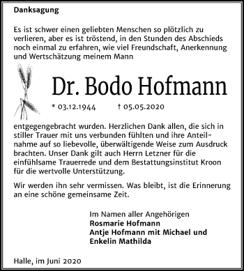 Traueranzeige von Bodo Hofmann von Mitteldeutsche Zeitung Halle/Saalkreis