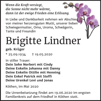 Traueranzeige von Brigitte Lindner von Super Sonntag Köthen