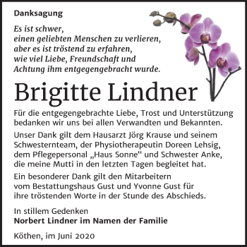 Traueranzeige von Brigitte Lindner von Mitteldeutsche Zeitung Köthen