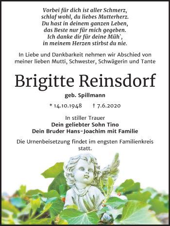 Traueranzeige von Brigitte Reinsdorf von Mitteldeutsche Zeitung Köthen
