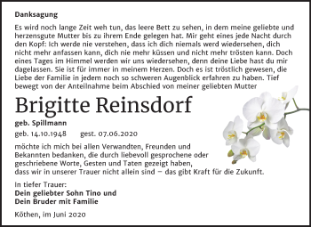 Traueranzeige von Brigitte Reinsdorf von Super Sonntag Köthen