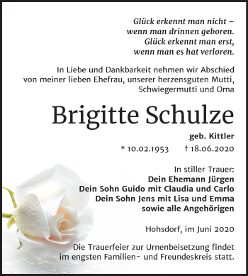 Traueranzeige von Brigitte Schulze von Super Sonntag Köthen