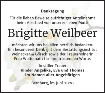 Traueranzeige von Brigitte Weilbeer von Super Sonntag Bernburg