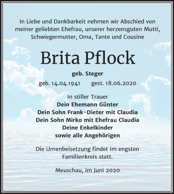 Traueranzeige von Brita Pflock von Mitteldeutsche Zeitung Merseburg/Querfurt