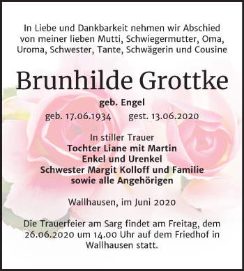 Traueranzeige von Brunhilde Grottke von Super Sonntag Sangerhausen