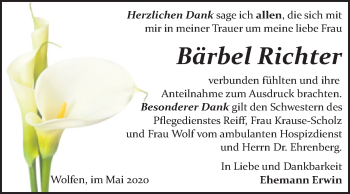 Traueranzeige von Bärbel Richter von Mitteldeutsche Zeitung Bitterfeld
