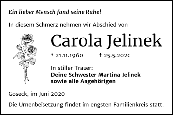 Traueranzeige von Carola Jelinek von Wochenspiegel Weißenfels