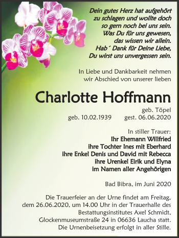 Traueranzeige von Charlotte Hoffmann von Wochenspiegel Naumburg/Nebra