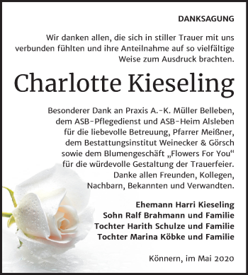 Traueranzeige von Charlotte Kieseling von Mitteldeutsche Zeitung Bernburg