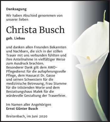 Traueranzeige von Christa Busch von Super Sonntag Sangerhausen