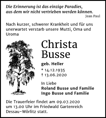 Traueranzeige von Christa Busse von Mitteldeutsche Zeitung Dessau-Roßlau