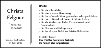 Traueranzeige von Christa Felgner von Wochenspiegel Naumburg/Nebra