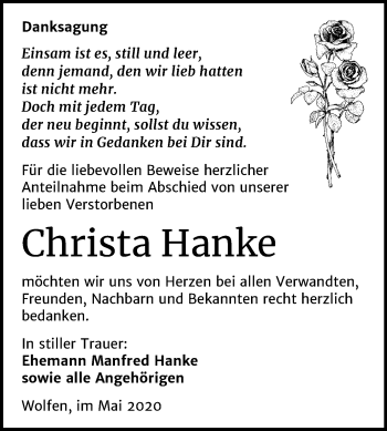 Traueranzeige von Christa Hanke von Wochenspiegel Bitterfeld