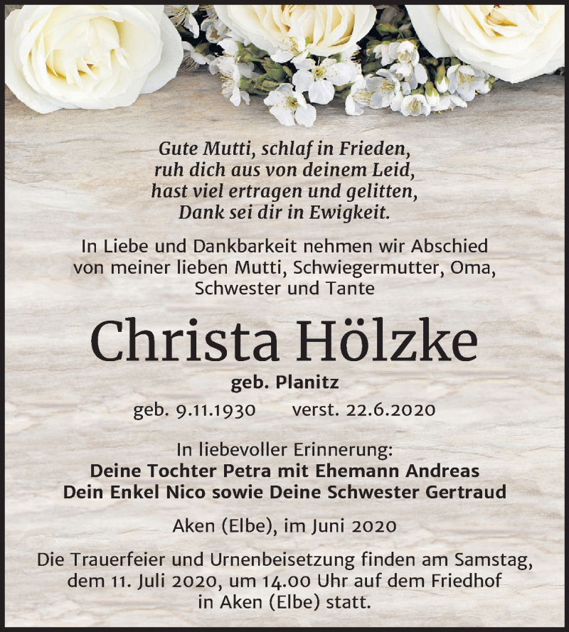  Traueranzeige für Christa Hölzke vom 24.06.2020 aus Mitteldeutsche Zeitung Köthen