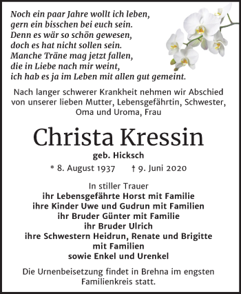 Traueranzeige von Christa Kressin von Wochenspiegel Naumburg/Nebra
