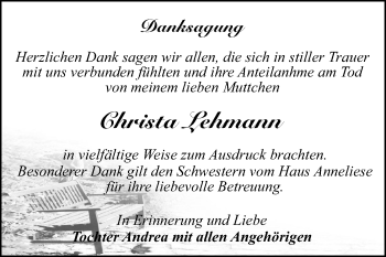 Traueranzeige von Christa Lehmann von Super Sonntag Dessau-Roßlau