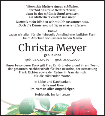 Traueranzeige von Christa Meyer von Super Sonntag Sangerhausen