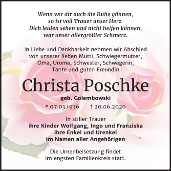 Traueranzeige von Christa Poschke von Mitteldeutsche Zeitung Bernburg