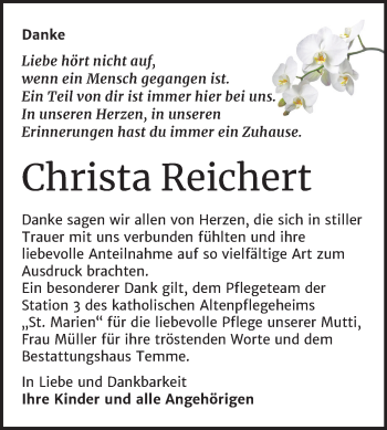 Traueranzeige von Christa Reichert von Wochenspiegel Bitterfeld