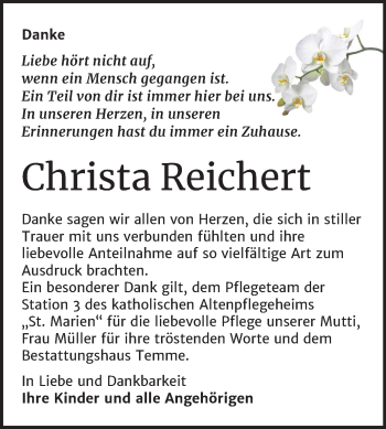 Traueranzeige von Christa Reichert von Mitteldeutsche Zeitung Bitterfeld