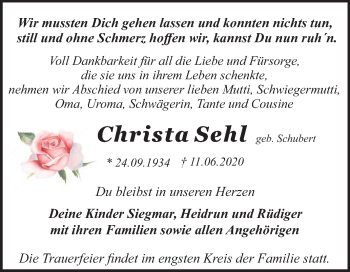 Traueranzeige von Christa Sehl von Super Sonntag Dessau-Roßlau