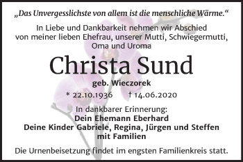 Traueranzeige von Christa Sund von Mitteldeutsche Zeitung Merseburg/Querfurt