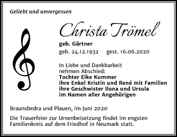 Traueranzeige von Christa Trömel von Mitteldeutsche Zeitung Merseburg/Querfurt