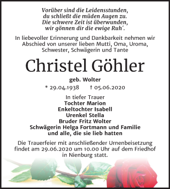 Traueranzeige von Christel Göhler von Mitteldeutsche Zeitung Bernburg