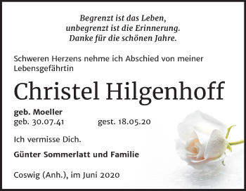 Traueranzeige von Christel Hilgenhoff von Mitteldeutsche Zeitung Wittenberg