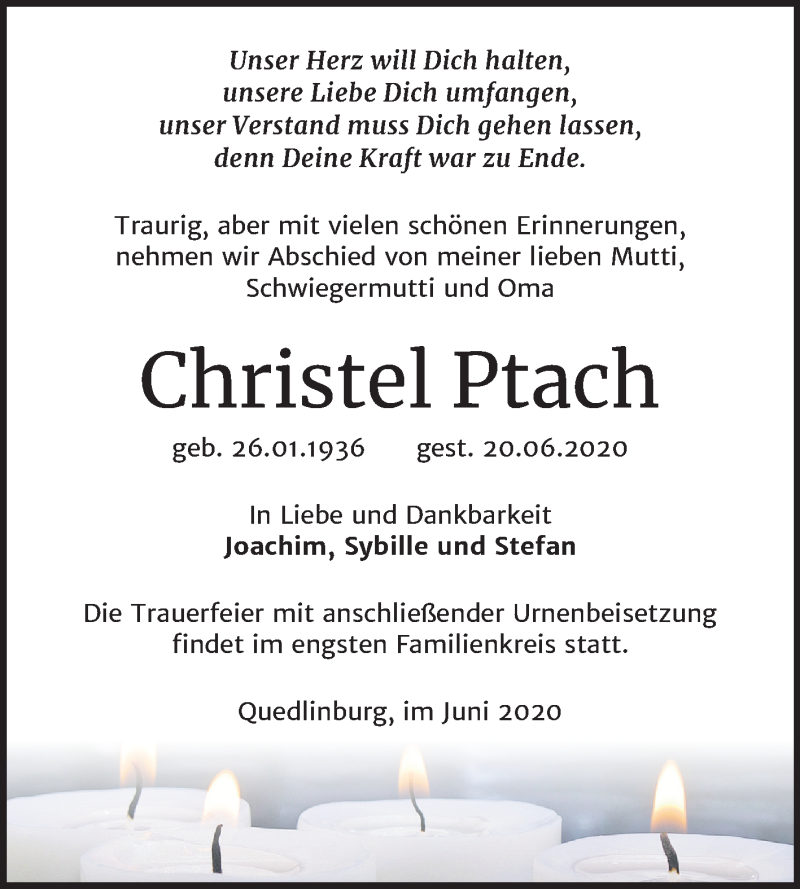  Traueranzeige für Christel Ptach vom 27.06.2020 aus Super Sonntag Quedlinburg