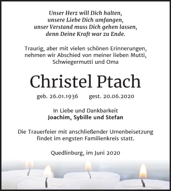 Traueranzeige von Christel Ptach von Super Sonntag Quedlinburg