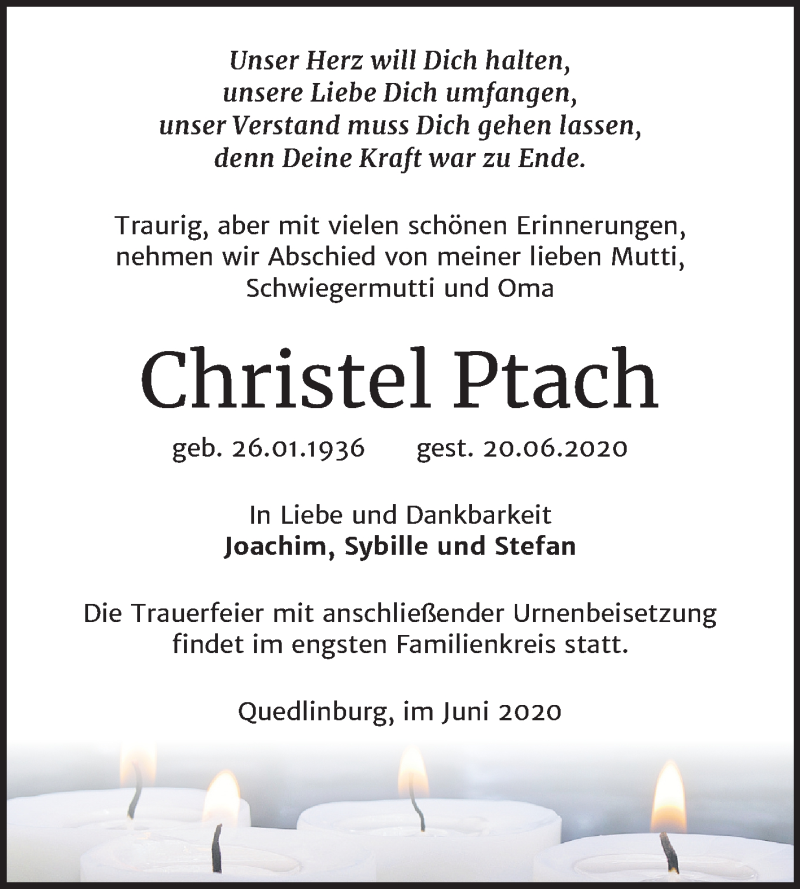  Traueranzeige für Christel Ptach vom 27.06.2020 aus Mitteldeutsche Zeitung Quedlinburg