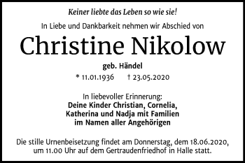 Traueranzeige von Christine Nikolow von Mitteldeutsche Zeitung Halle/Saalkreis