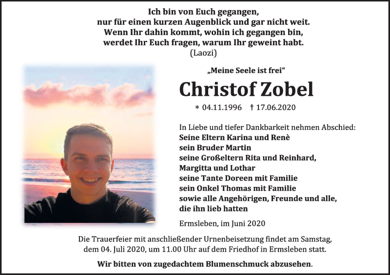  Traueranzeige für Christof Zobel vom 27.06.2020 aus Super Sonntag Aschersleben / Quedlinburg