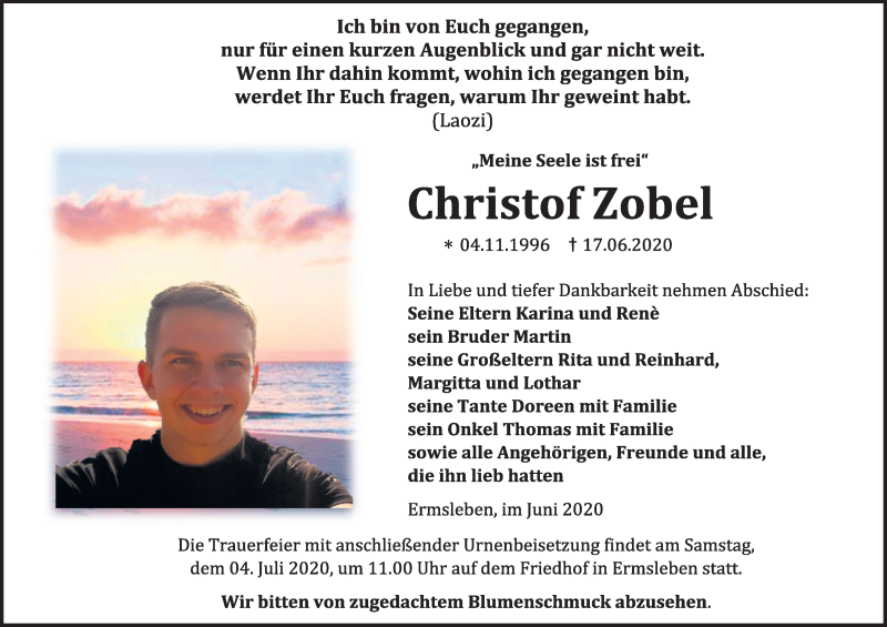  Traueranzeige für Christof Zobel vom 27.06.2020 aus Mitteldeutsche Zeitung Aschersleben / Quedlinburg