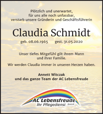 Traueranzeige von Claudia Schmidt von Wochenspiegel Bitterfeld / Dessau-Roßlau