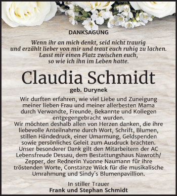 Traueranzeige von Claudia Schmidt von Mitteldeutsche Zeitung Bitterfeld