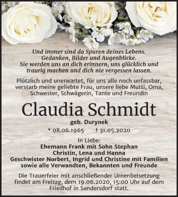 Traueranzeige von Claudia Schmidt von Mitteldeutsche Zeitung Bitterfeld