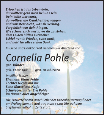 Traueranzeige von Cornelia Pohle von Mitteldeutsche Zeitung Zeitz