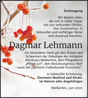Traueranzeige von Dagmar Lehmann von Mitteldeutsche Zeitung Weißenfels