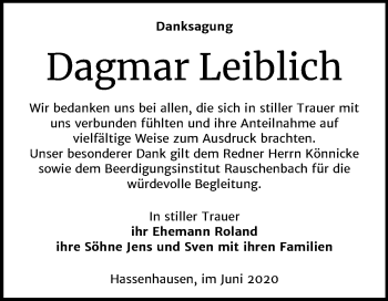 Traueranzeige von Dagmar Leiblich von Mitteldeutsche Zeitung Naumburg/Nebra