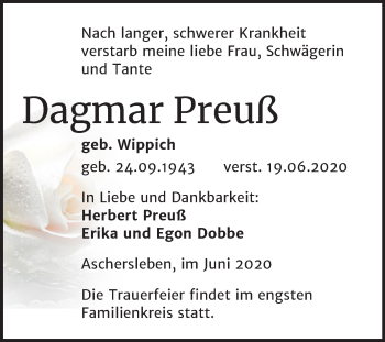 Traueranzeige von Dagmar Preuß von Mitteldeutsche Zeitung Aschersleben