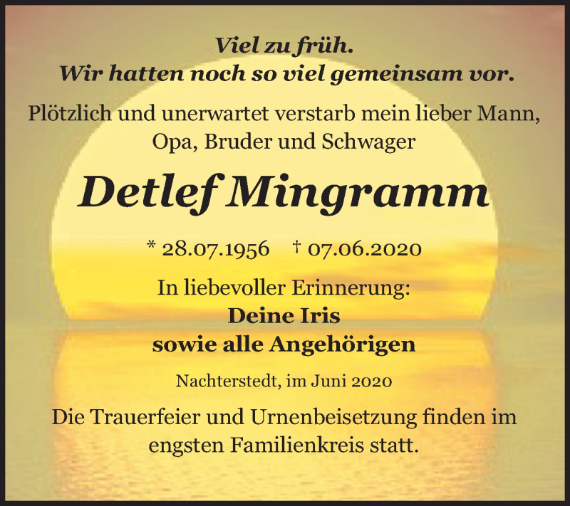  Traueranzeige für Detlef Mingramm vom 13.06.2020 aus Super Sonntag Aschersleben
