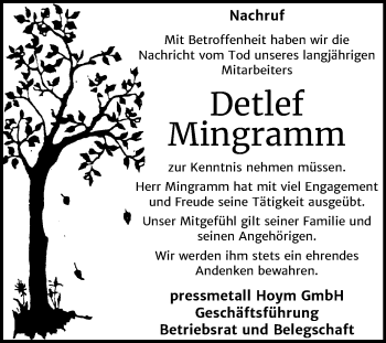 Traueranzeige von Detlef Mingramm von Super Sonntag Aschersleben