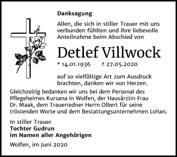 Traueranzeige von Detlef Villwock von Wochenspiegel Bitterfeld