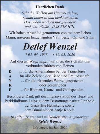 Traueranzeige von Detlef Wenzel von Super Sonntag Sangerhausen