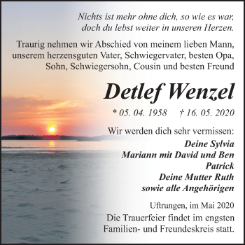Traueranzeige von Detlef Wenzel von Super Sonntag Sangerhausen