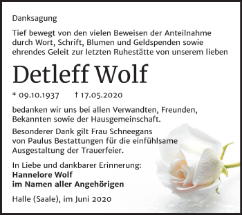 Traueranzeige von Detleff Wolf von Mitteldeutsche Zeitung Halle/Saalkreis